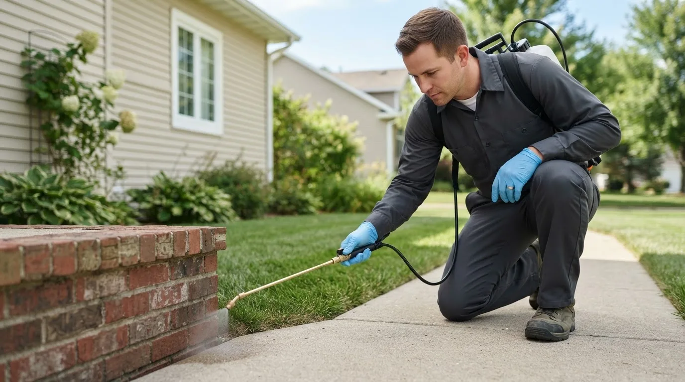 Pest control technician treating a home near Dacono, CO